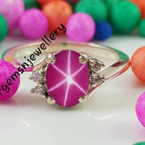6X8MM Oval 6 Ray Star Ruby Ring Sterling Silver Lindy Star Ring 925 Silver Pink Star Ruby Ring for Women