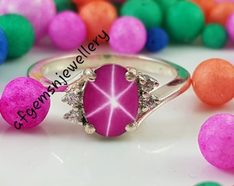 6 x 8 MM Owalny 6-Ray Star Ruby Ring Srebrny Pierścień Lindy Star 925 Srebrny Różowy Pierścień z Rubinem Gwiazdkowym dla Kobiet