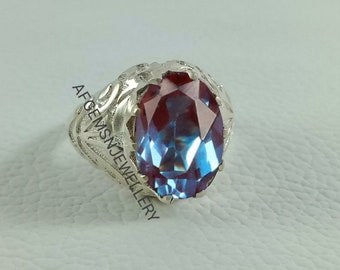 Alexandrite Ring Oval Cut Gemstone Sterling Silver Engagement Ring June Birthstone Men Ring Solitaire Ring