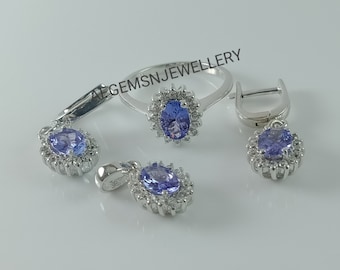 Conjunto de joyas de tanzanita natural: colgante, pendientes y anillo de plata 925. Conjunto de joyas para mujer. Conjunto de joyas de tanzanita. Regalos para esposa.