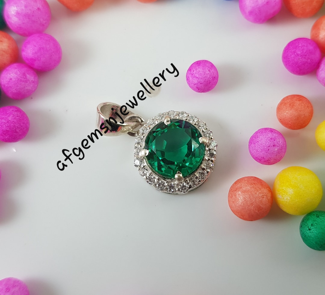 Lab Emerald Pendant in 925 Sterling Silver Round Cut Etsy