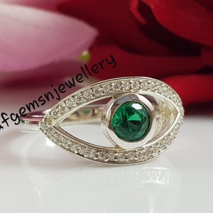 Round Cut Emerald Ring, Emerald Engagement Ring, May Birthstone Ring, Lab Diamond Ring, Silver Lab Emerald Jewelry, Gift for Her