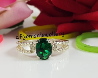 Emerald Ring, Solid Silver Emerald Ring, Oval Shape Emerald Ring, Emerald Wedding Ring, May Birthstone Ring, Engagement Ring, Halo Ring