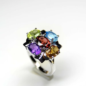 Multi Colour Stones Ring-Natural Blue Topaz,Peridot,Amethyst,Golden Topaz Ring-Handmade Silver Ring-Natural Multi Gemstone Ring-Vintage Ring