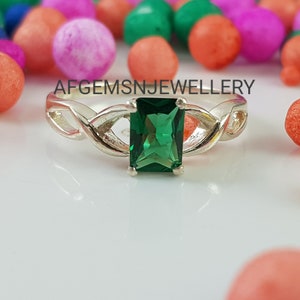 Lab Emerald Ring Gemstone Ring Sterling Silver Ring Emerald Cut Ring Engagement Ring Birthstone Ring