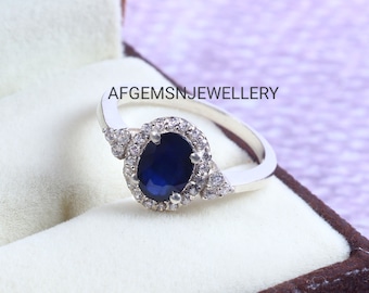 Genuine Sapphire Ring- 925 Sterling Silver Ring-September Birthstone Ring-Blue Gemstone Ring-Blue Sapphire Ring-Sapphire Jewelry Ring