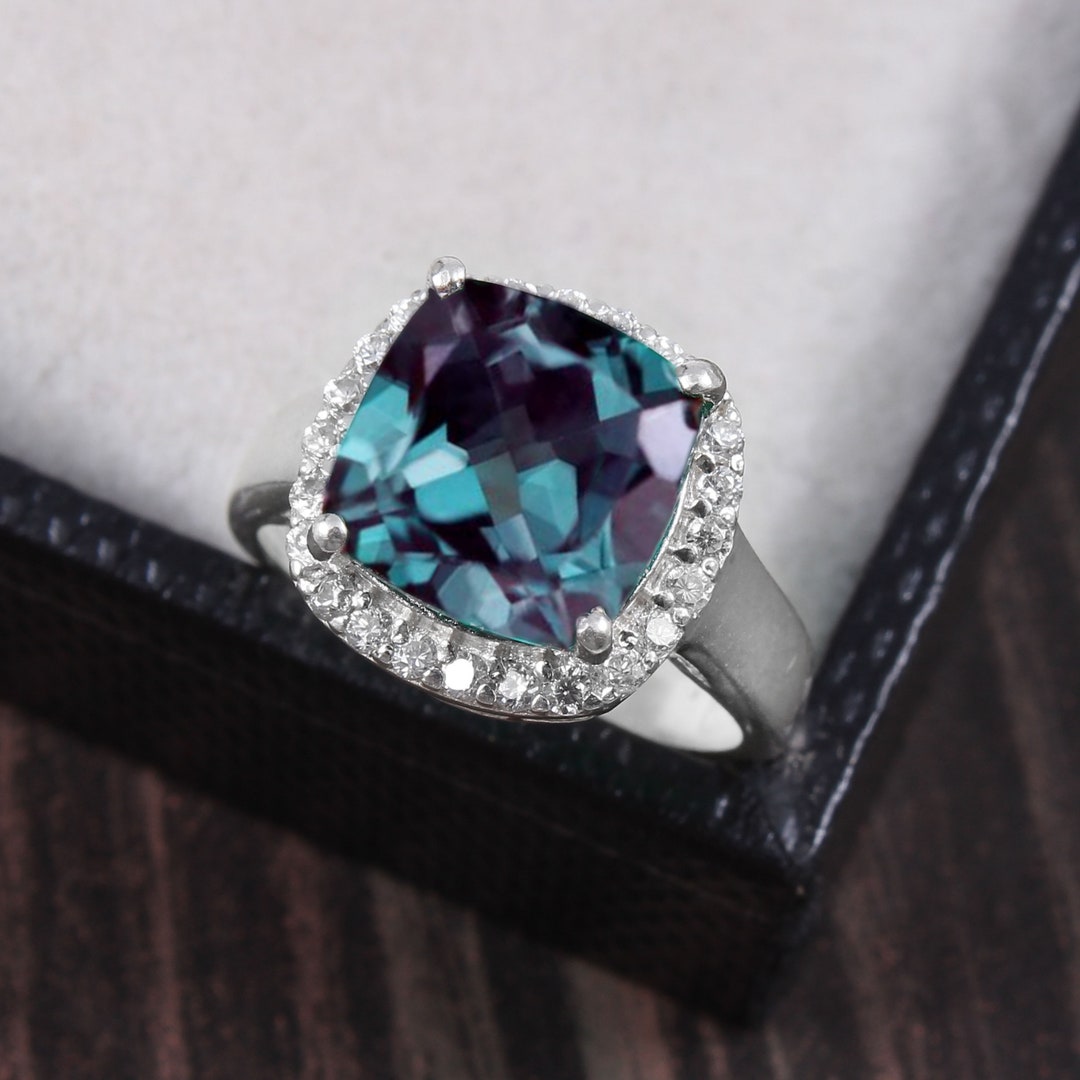 Lab Alexandrite Ring-engagement Ring-cushion Cut Alexandrite-color ...