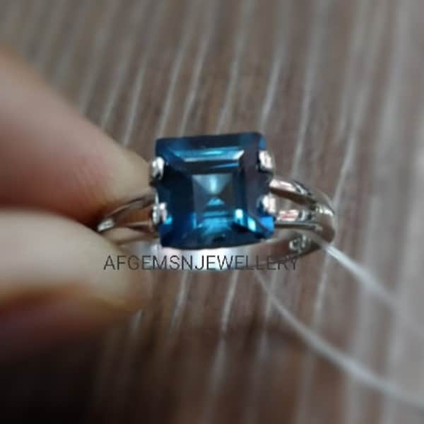 Genuine London Blue Topaz Ring\ 925 Sterling Silver\ Solitaire Ring\ Square Cut\ December Birthstone\ Blue Gemstone Ring\ Gift For Her