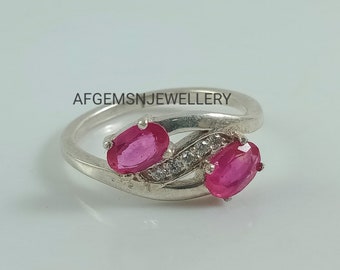 Silver Ruby Ring-Engagement Ruby Ring-Dual Stone Ring-Sterling Silver-Oval Cut-July Birthstone-Redstone Gemstone Ring-Ruby Jewelry Ring Ring