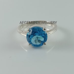 Swiss Blue Topaz Ring- Sterling Silver Round Cut Topaz Engagement Ring- Promise Ring November Birthstone Anniversary Gift For Her