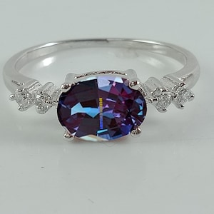 June Birthstone Ring Alexandrite Ring Color Changing Ring Oval Cut Gemstone Engagement Ring Sterling Silver