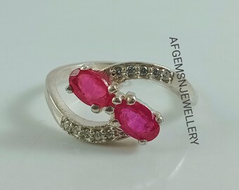 Ruby Ring-Engagement Ring-Dual Stone Ring-Sterling Argent-Ovale Cut-Redstone TailleTte-Ruby Jewelry Ring Ring