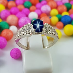 Genuine Star Sapphire Ring Sterling Silver / Blue Star Sapphire Ring