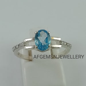 Genuine Swiss Blue Topaz Ring Oval Cut Sterling Silver Engagement Ring for Women