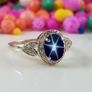 6 Star Sapphire Ring in Sterling Silver 925 Blue Star Sapphire Ring Silver Lindy Star Ring