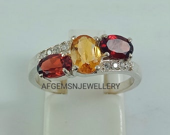 Natural Multi Stone Ring-Women Multi Stone Ring-Multi Jewelry Ring-Garnet AND Golden Topaz Stone Ring-Yellow Topaz Ring-Garnet Ring