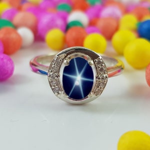 Wedding Sapphire Star Ring in Solid Sterling Silver Oval Lindy Blue Star Ring for Women&#39;s