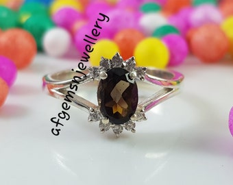 Natural Smoky Quartz Rings, Cocktail Party Rings, Oval Cut Brown Gemstone, Sterling Silver Rings, Gifts for her