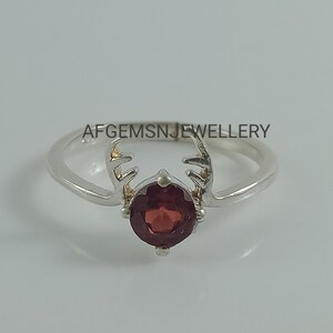 Engagement ring, natural garnet ring, Round cut red gemstone, January birthstone, sterling silver ring