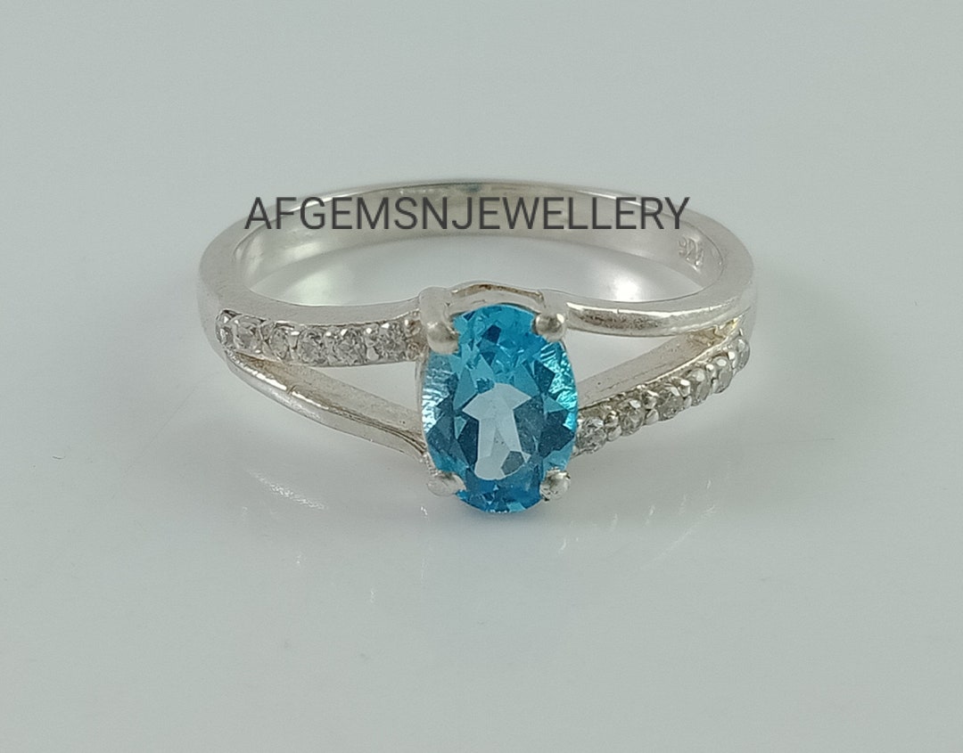 Real Swiss Blue Topaz Ring Oval Cut Sterling Silver Wedding Ring for ...