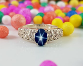 Genuine Lindy Blue Star Ring for Women Blue Star Sapphire Ring in 925 Sterling Silver