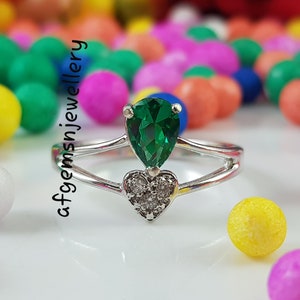 Halo Pear Cut Emerald Engagement Ring, Vivid Green Emerald Ring, Green Gemstone Ring