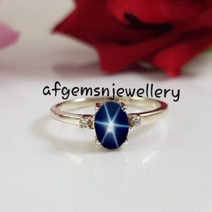 Dainty Blue Star Ring Lindy Star Ring in 925 Sterling Silver 6 Star Sapphire Ring for Women