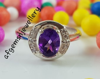 Purple Amethyst Ring Oval Amethyst Statement Ring Gemstone Ring Sterling Silver Février Birthstone Ring