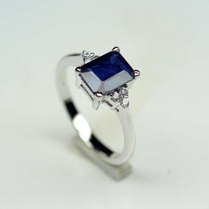 Genuine Vintage Blue Sapphire Ring/925 Sterling Silver/Handmade Ring/Emerald Cut Sapphire Ring For Women