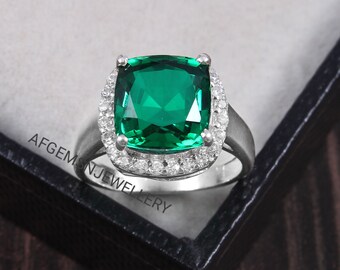 Bague de fiançailles en émeraude Bague en argent sterling Coussin Coupe Bague en pierre précieuse émeraude Lab Bague émeraude