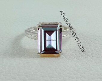 Engagement Alexandrite Ring, Emerald Cut, Color Changing Gemstone, 925 Sterling Silver, Anniversary Ring, June Birthstone Ring