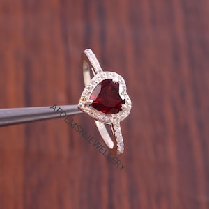 Rare Red Garnet Ring Anniversary Ring January Birthstone Ring Heart Cut Red Gemstone Ring Sterling Silver Ring