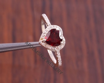 Rare Red Garnet Ring Anniversary Ring January Birthstone Ring Heart Cut Red Gemstone Ring Sterling Silver Ring
