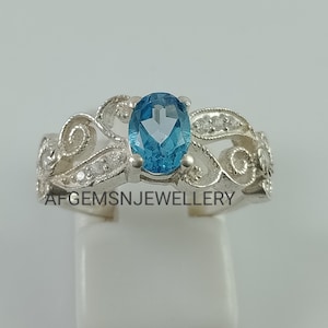 Natural Swiss Blue Topaz Ring- Sterling Silver Ring- Engagement Ring- Promise Ring- November Birthstone- Anniversary Birthday Gift For Her