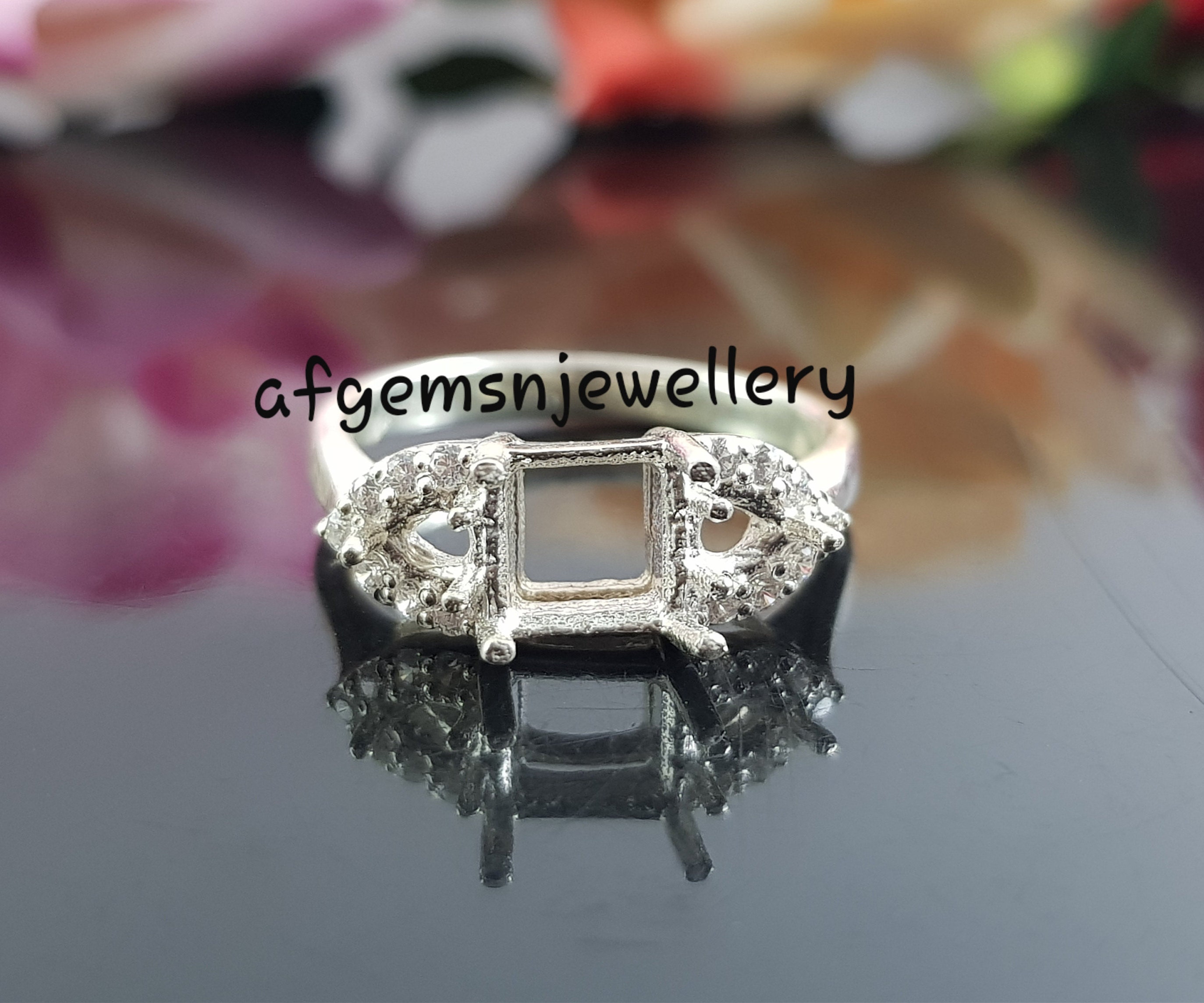 6mm Square Semi Mount Ring, Semi Mount Halo Ring, 925 Sterling Silver Ring, Wedding Ring, Engagement Ring, Prong Setting