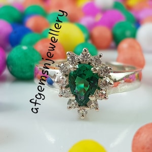 Pear Emerald Ring- 925 Sterling Silver Ring- Art Deco Emerald Engagement Ring- Promise Ring- May Birthstone- Anniversary Gift For Her