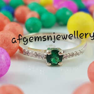 Emerald Engagement Ring Lab Emerald Ring Round Cut Green Gemstone Sterling Silver Ring May Birthstone