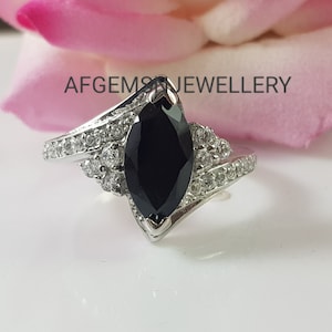 Black Stone Ring Natural Black Onyx Ring Engagement Ring Marquise Cut Black Gemstone Sterling Silver Ring Women Jewelry