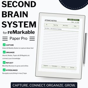 May include: A digital planner for reMarkable Paper Pro titled Build Your Second Brain Second Brain System. It features a template for Atomic Notes with fields for ID, Topic Tag, Born from, Date, and The Claim. Includes a stylus and text.