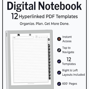 May include: A digital notebook for BOOX Tabs featuring 12 hyperlinked PDF templates. The display shows a lined page with a title field, date section, and a vertical navigation bar with letters A through L. Text includes Instant Access, Tap to Navigate, 12 Templates, Right & Left Layouts Included, and 600+ Pages.