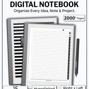 May include: A digital notebook for reMarkable 1&2 featuring 2000+ pages, 15 templates, and hyperlinked PDF functionality. The display shows a lined page with a numbered side tab and a black stylus. Text includes Organize Every Idea, Note & Project.