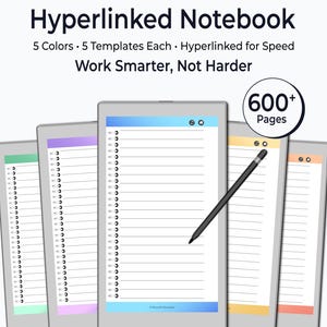 May include: A digital hyperlinked notebook for reMarkable Paper Pro featuring 600+ pages, 5 colours, and 5 templates. The text reads: reMarkable Paper Pro Move Hyperlinked Notebook, 5 Colours, 5 Templates Each, Hyperlinked for Speed, Work Smarter, Not Harder, 600+ Pages, and GlossyProTemplates.