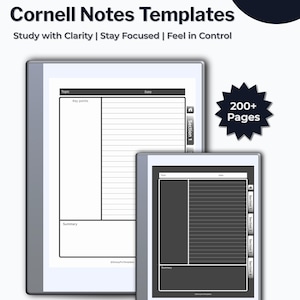 Puede incluir: Dos tabletas digitales que muestran plantillas de notas Cornell. Una tableta tiene fondo blanco, la otra oscuro. Texto: "Cornell Notes Templates", "Study with Clarity | Stay Focused | Feel in Control" y "200+ Pages". Incluye modos claro y oscuro.