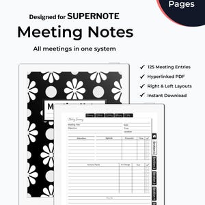 May include: A digital meeting notes template with a black and white floral design cover. The template includes sections for meeting summaries, agendas, and action items. The text reads "Designed for SUPERNOTE Meeting Notes" and "1130 Pages".