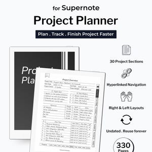 Może przedstawiać: Cyfrowy planer projektów dla Supernote, z 30 sekcjami projektów, nawigacją z hiperłączami i układami prawym i lewym. Planer zawiera 330 stron i jest niedatowany do ponownego użycia. Przegląd pokazuje szczegóły i postępy projektu.