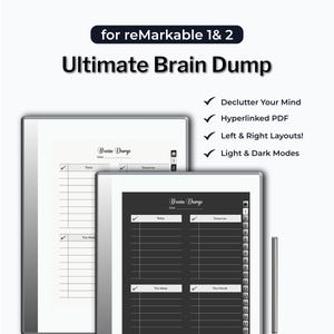 Könnte beinhalten: Digitaler Planer für reMarkable 1 & 2 Tablets. Die Ultimate Brain Dump Vorlage bietet helle und dunkle Modi, ein hyperverlinktes PDF und linke & rechte Layouts. Der Planer enthält Abschnitte für Tages-, Wochen- und Monatsplanung.