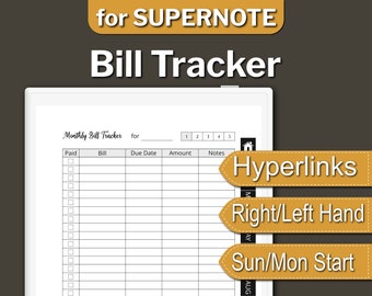 SUPERNOTE Bill Tracker, Monatlicher Bill Tracker, Supernote Vorlagen, digitaler Download