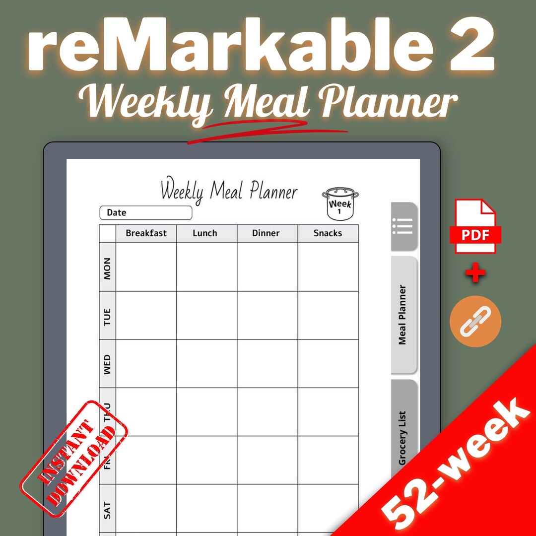 Remarkable 2 Templates Remarkable 2 Weekly Meal Planner With Etsy New