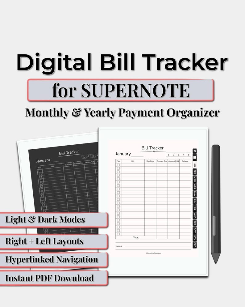 Digital Bill Tracker for Supernote | Hyperlinked Yearly & Monthly ...