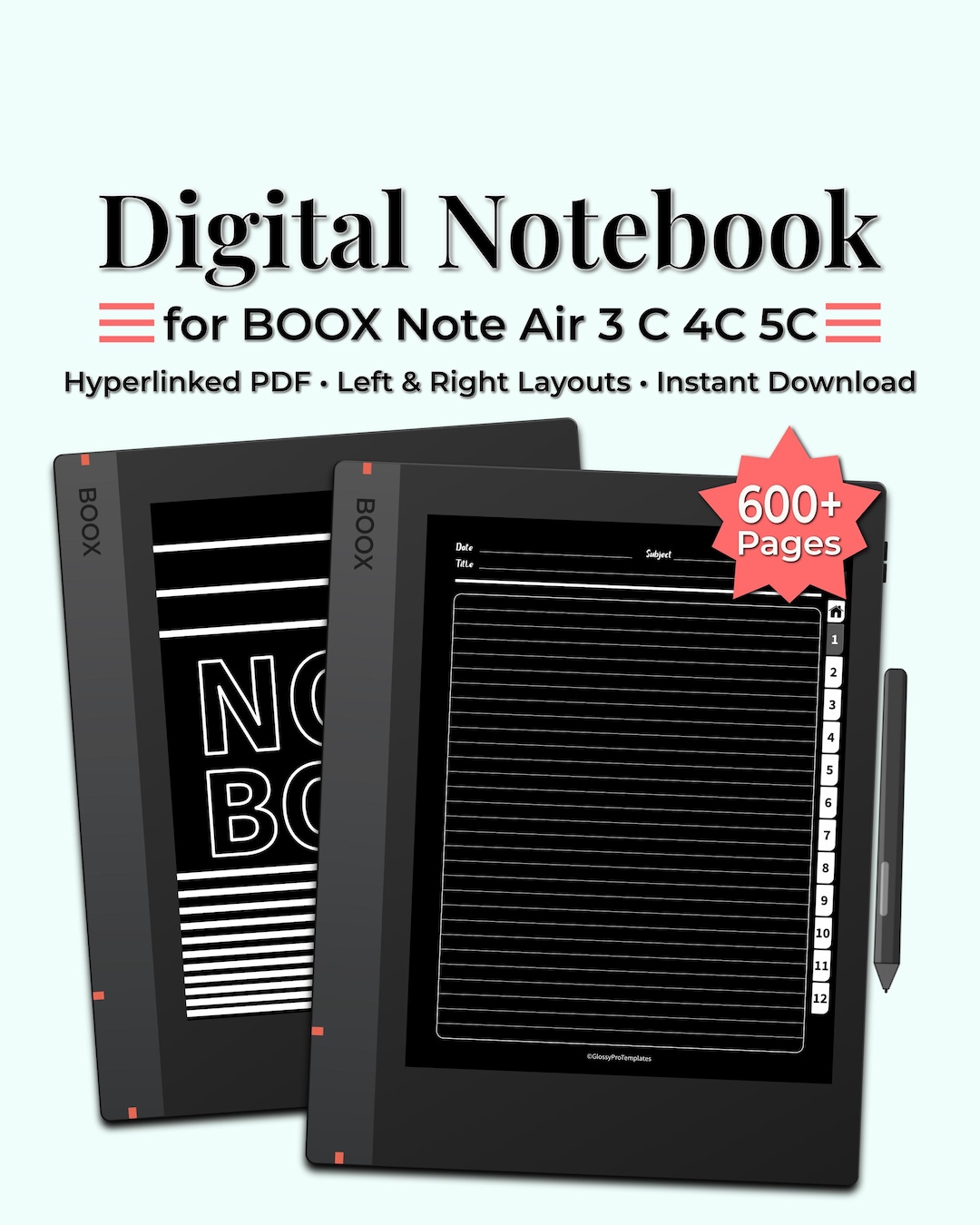 Boac Notebook Dark Digital Notebook for BOOX Note Air 3C 4C 5C | 12 Hyperlinked PDF ...